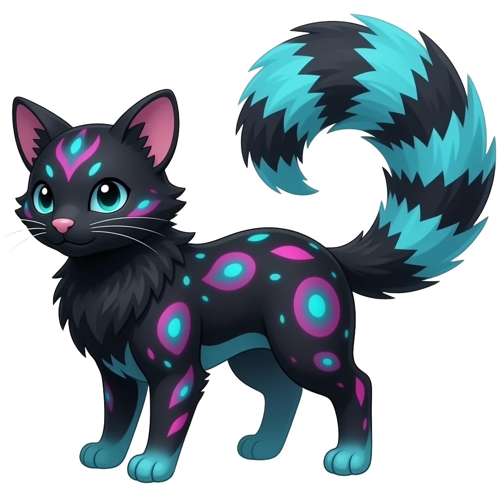 Fantasy Abyssal onyx-obsidian-pitch-Black-coated fur with glowing random cyan and magenta markings divine beautiful elegant pretty precious cute young youthful Fakémon-Pokémon-alien-opossum-feline-serval-caracal-chinchilla-Minccino-hybrid-creature with a big fluffy bushy striped tail (full body) emoji