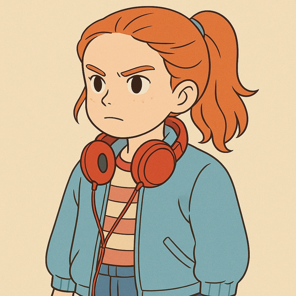 Max Mayfield from Stranger Things with iconic look: blue jacket, red headphones, red hair tied in a ponytail, determined expression, simple line art, light pastel tones, thick outlines, Ghibli style, square 1:1 format. emoji