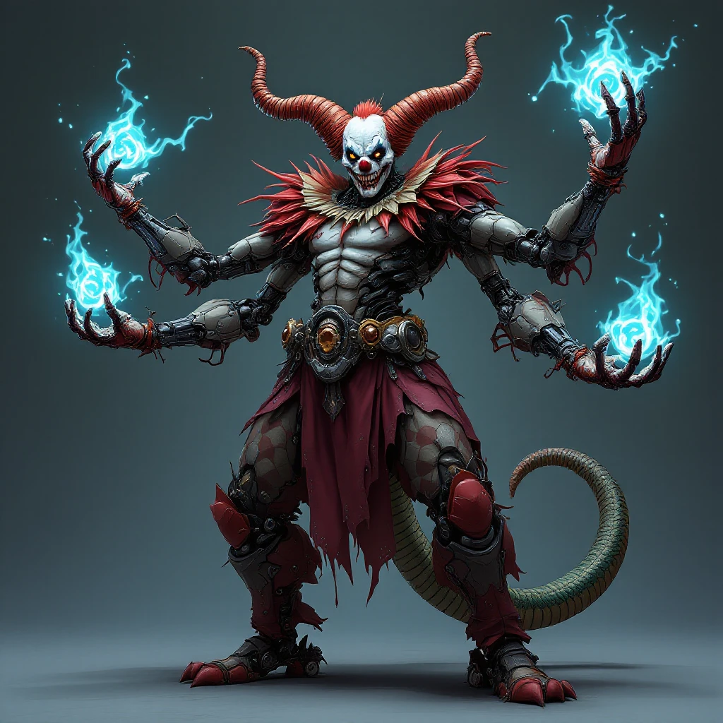 A powerful mechanical clown necromancer with four arms, snake tail, glowing blue magical effects, striking action pose, Flux Pro style. emoji
