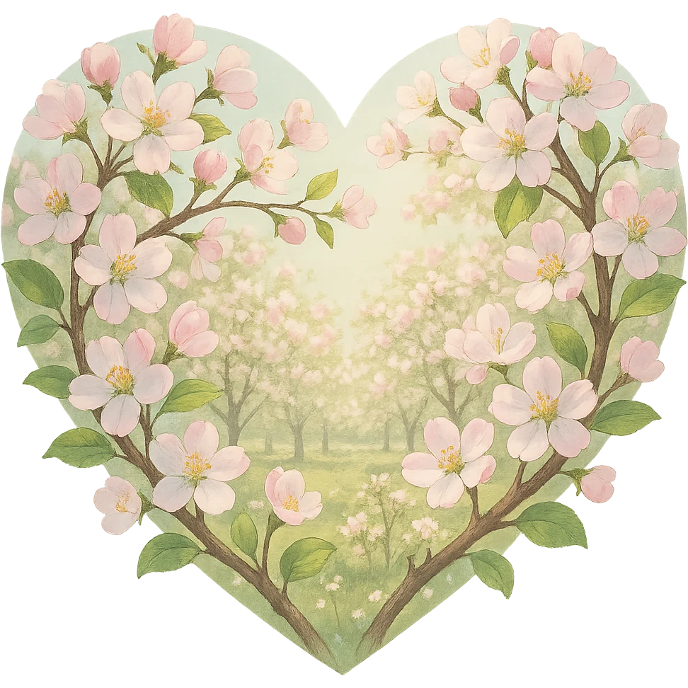 heart with a spring apple blossom orchard, clean digital illustration, no background emoji