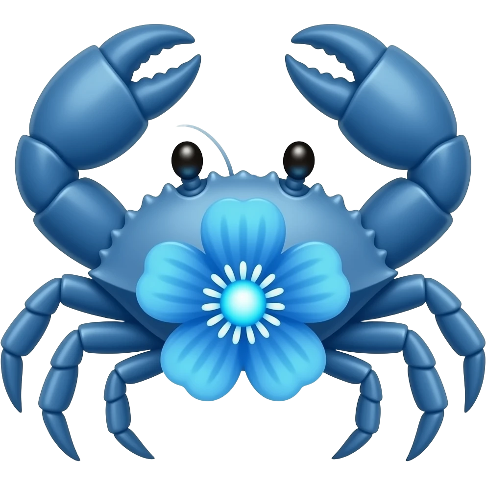 A blue crab with one blue flower with glowing blue eyes facing forward emoji