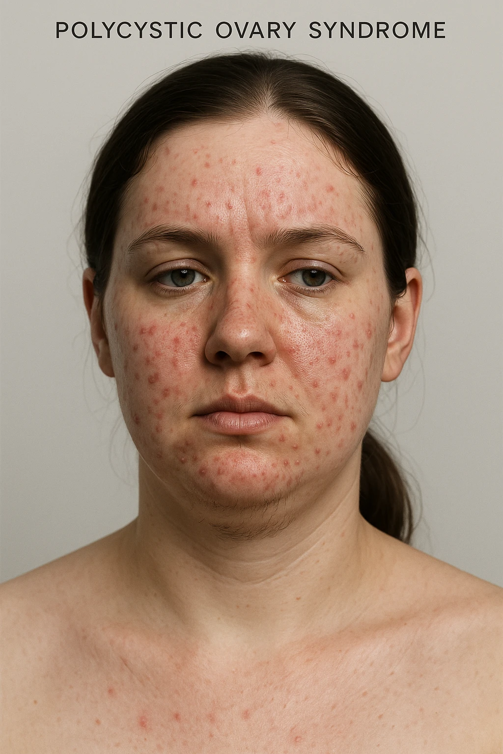 realistic 3D medical portrait of a woman with polycystic ovary syndrome (PCOS), with visible acne and hair under chin, clinical style, anatomical details, 2:3 aspect ratio emoji