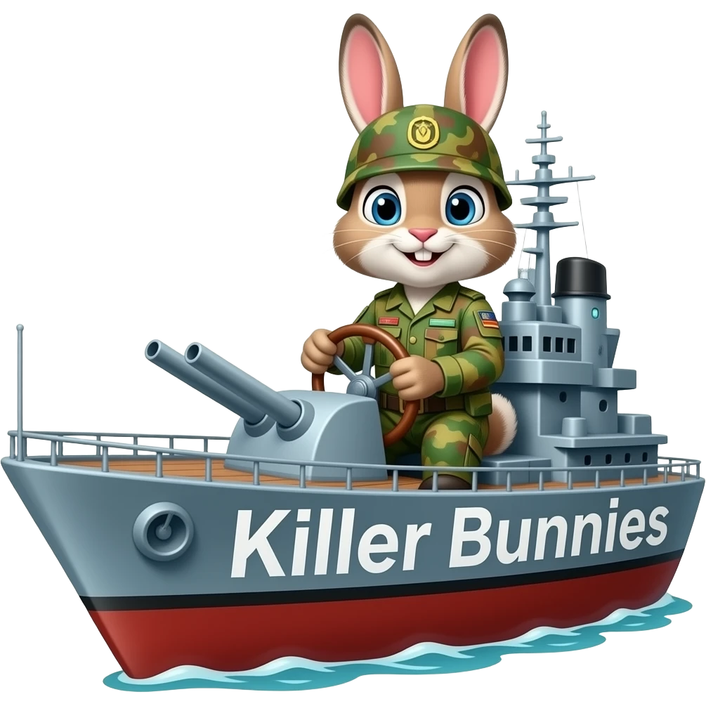 bunny in army fatigues driving a war ship text Killer Bunnies on bow emoji