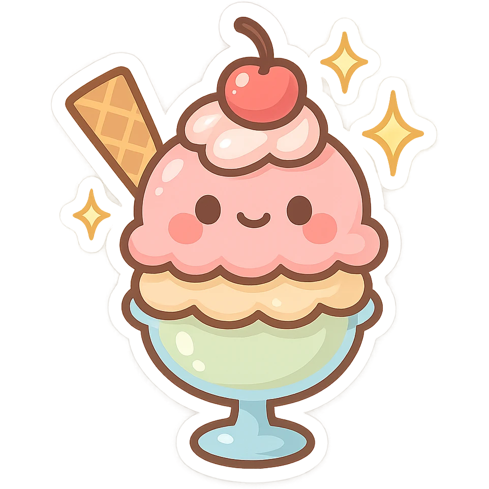 chibi sticker-style ice cream sundae with sparkles, cute and exaggerated emoji