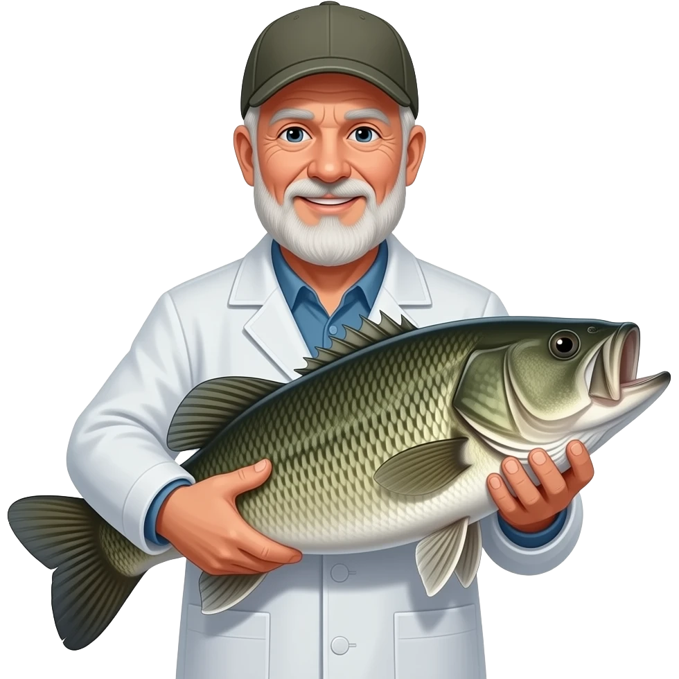 old fisherman with a white coat on and baseball hat holding a huge bass emoji