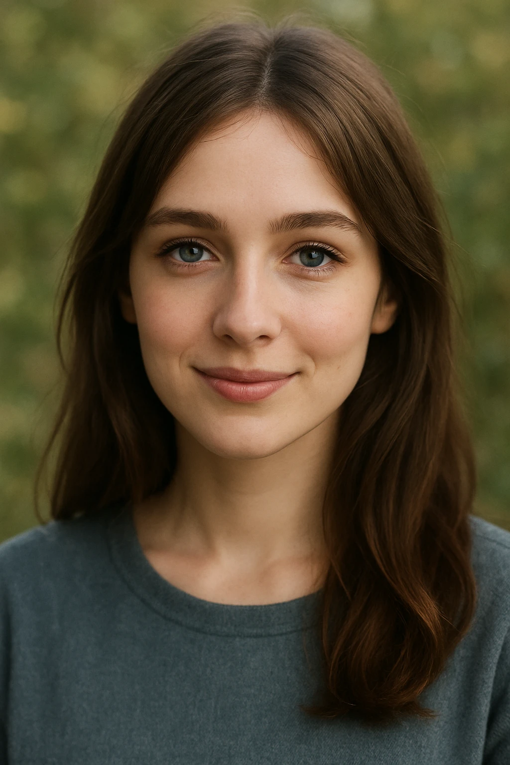 a sweet brunette girl with blue eyes, delicate features, warm and approachable look emoji