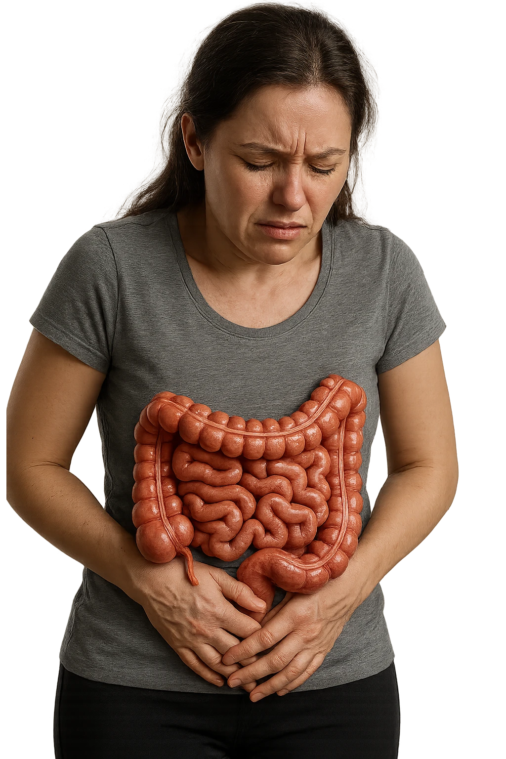 DONNA CON INTESTINO ANATOMICO REALISTICO IN EVIDENZA E MAL DI PANCIA, IPERREALISTICO 4K emoji