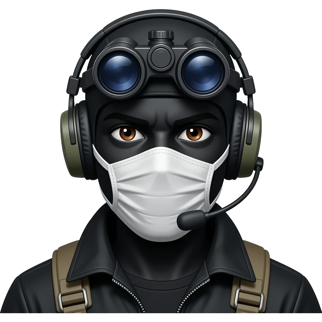 man with brown eyes wearing black clothes, face total painted black and a whiteblack balaclava and wears a headset and a big black night vision device on his headtop emoji