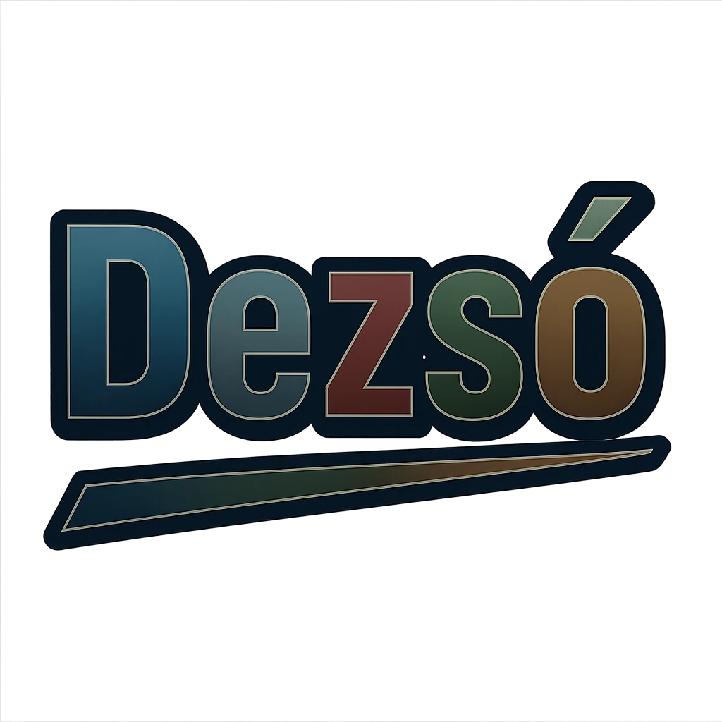 Dezső name in masculine, modern gradient font with dark contour and thin white edging, dynamic slanted underline, masculine color shades (blue, gray, burgundy, green, brown), 1000x1000 px, PNG, transparent background, in the style of the uploaded Attila sample. emoji