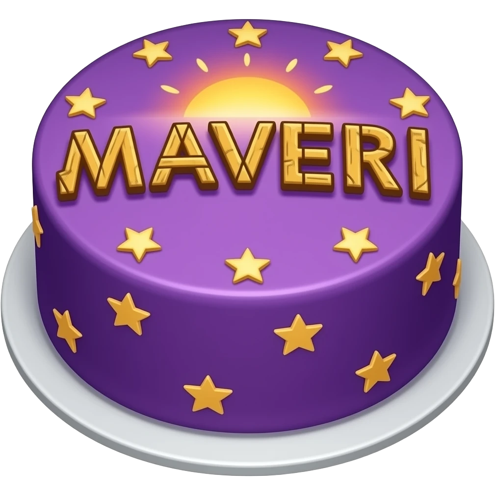 A stardew valley cake with stars and a sunset and wood letters saying Maveri and the whole cake is purple emoji