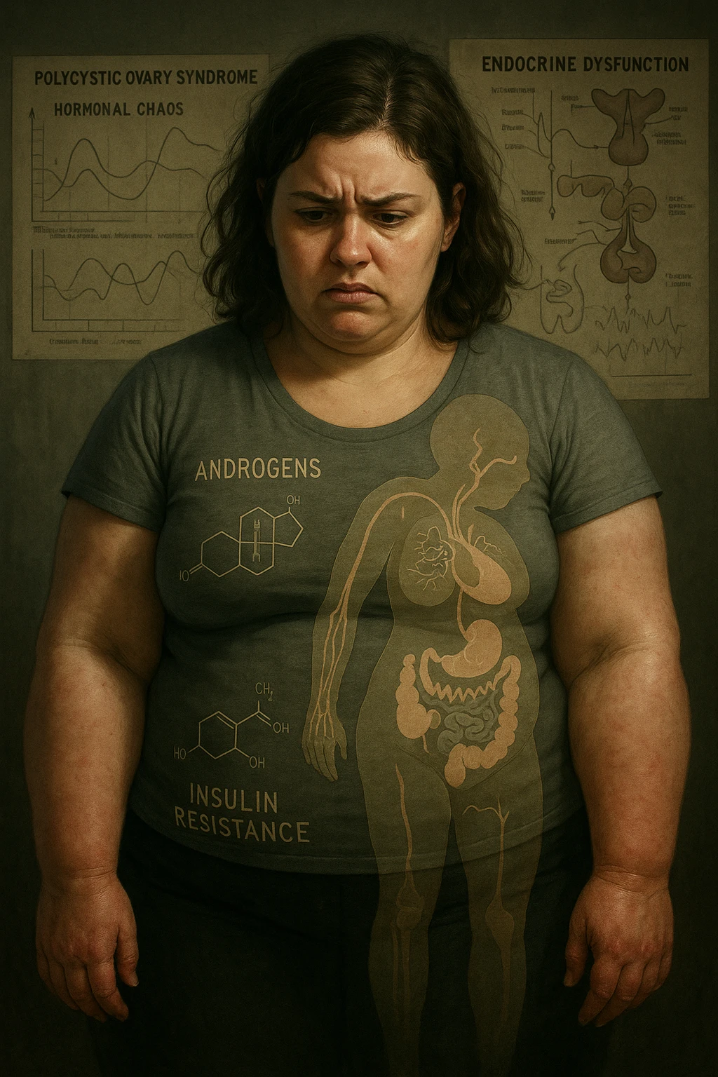 cinematic realistic in italiano Woman with PCOS struggling with hormonal chaos, transparent overlay showing elevated androgens and insulin resistance affecting her body, lipedema causing disproportionate fat accumulation in legs and arms despite normal torso, expression of frustration with unexplained weight gain, medical charts showing complex endocrine dysfunction, painful swollen limbs contrasting with metabolic confusion scrivi in italiano emoji