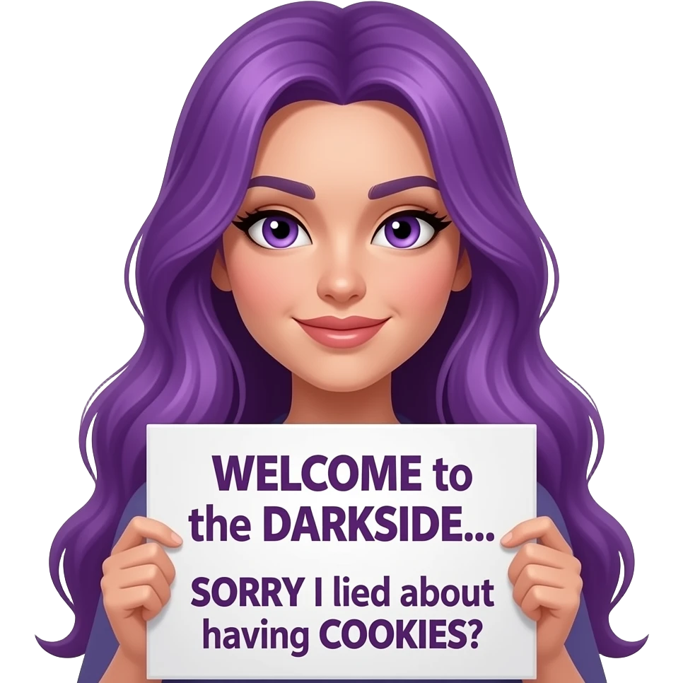 sexy girl with long purple hair and purple eyes holding a WELCOME to the DARKSIDE... SORRY I lied about having COOKIES sign emoji
