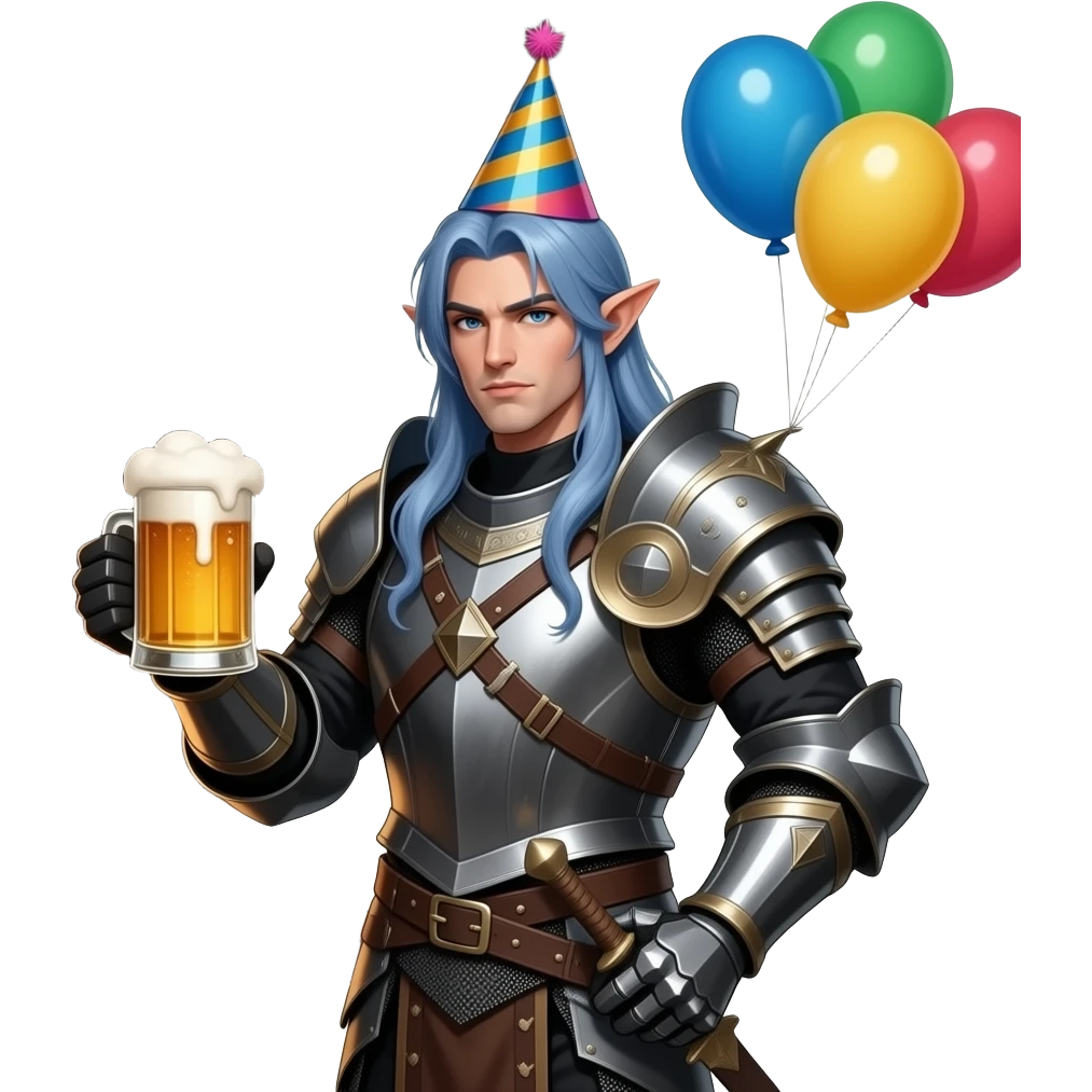 male elf battle monk with long blue silver hair holding beer and wearing a birthday hat emoji