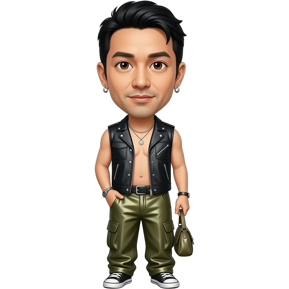 Mike Shinoda with brown eyes, black hair, black metallic vest, olive green metallic baggy loose pants, shirtless with necklace and earrings emoji