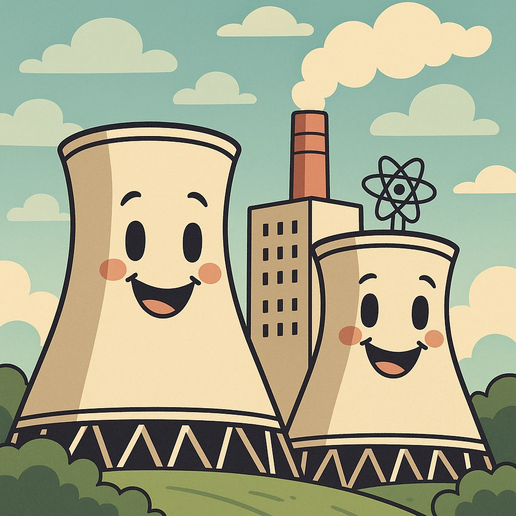 cartoon style nuclear power plant with smiling cooling towers, cheerful, eco-friendly theme emoji
