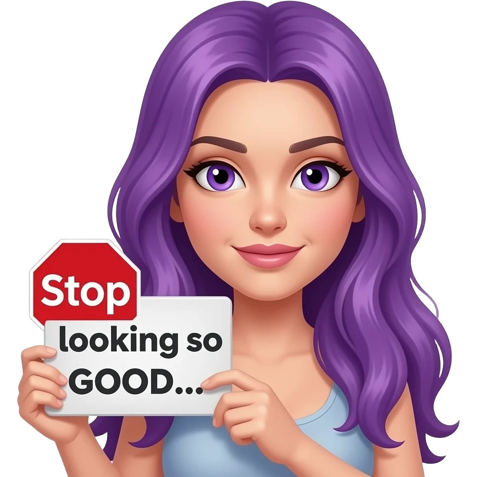 sexy girl with long purple hair and purple eyes holding a Stop looking so GOOD... WTF sign emoji