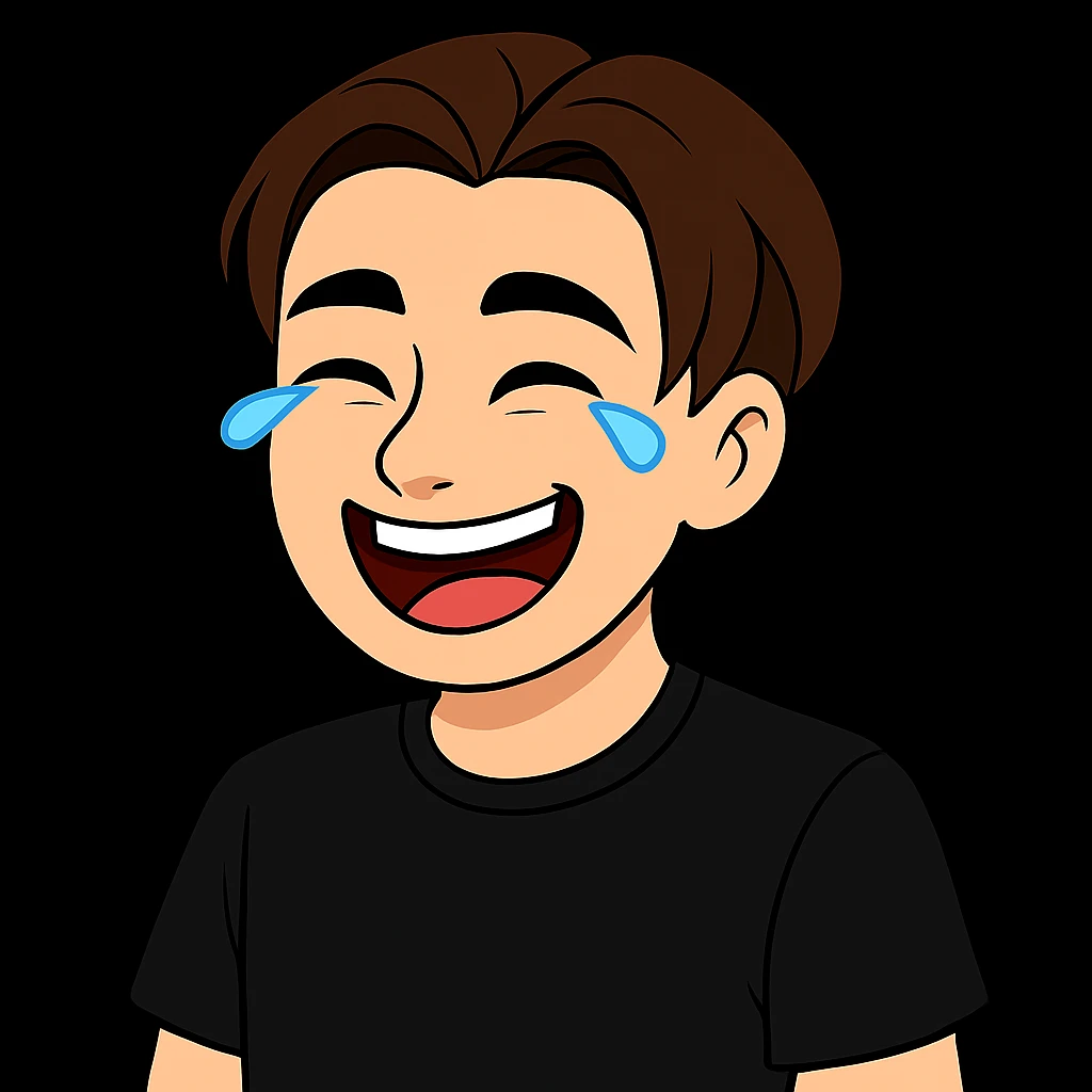 Edit the image of the boy to show him laughing with 1-2 laughing tears from his eyes, wearing a black shirt. Keep the face and style as in the original image. emoji