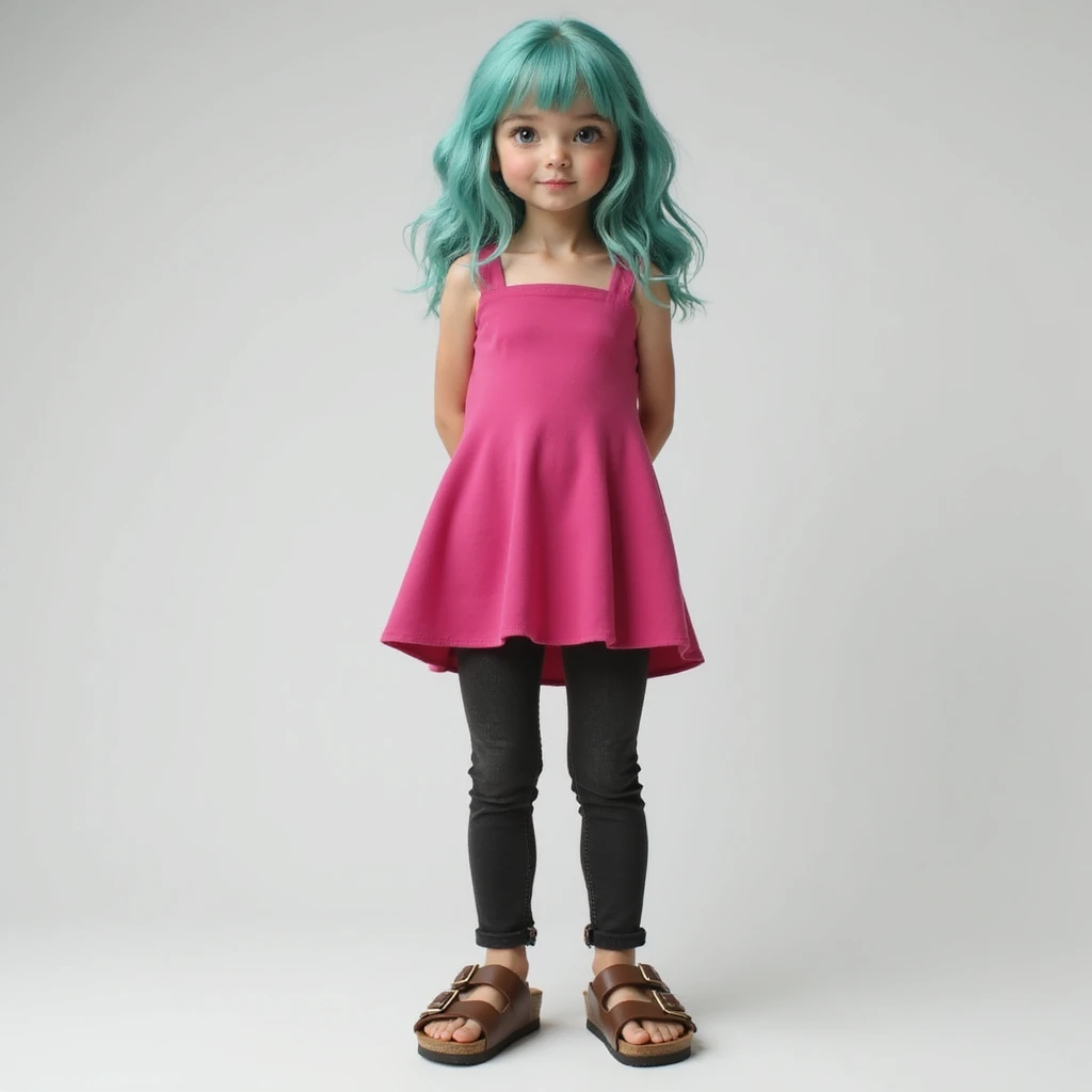 a realistic girl with teal hair, wearing a hot pink dress, black jeans, and brown birkenstocks, studio portrait, photorealistic emoji
