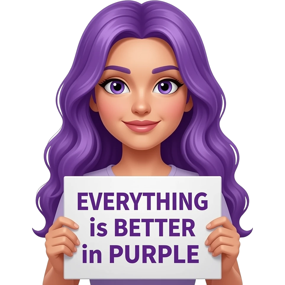 sexy girl with long purple hair holding a EVERYTHING is BETTER in PURPLE sign emoji