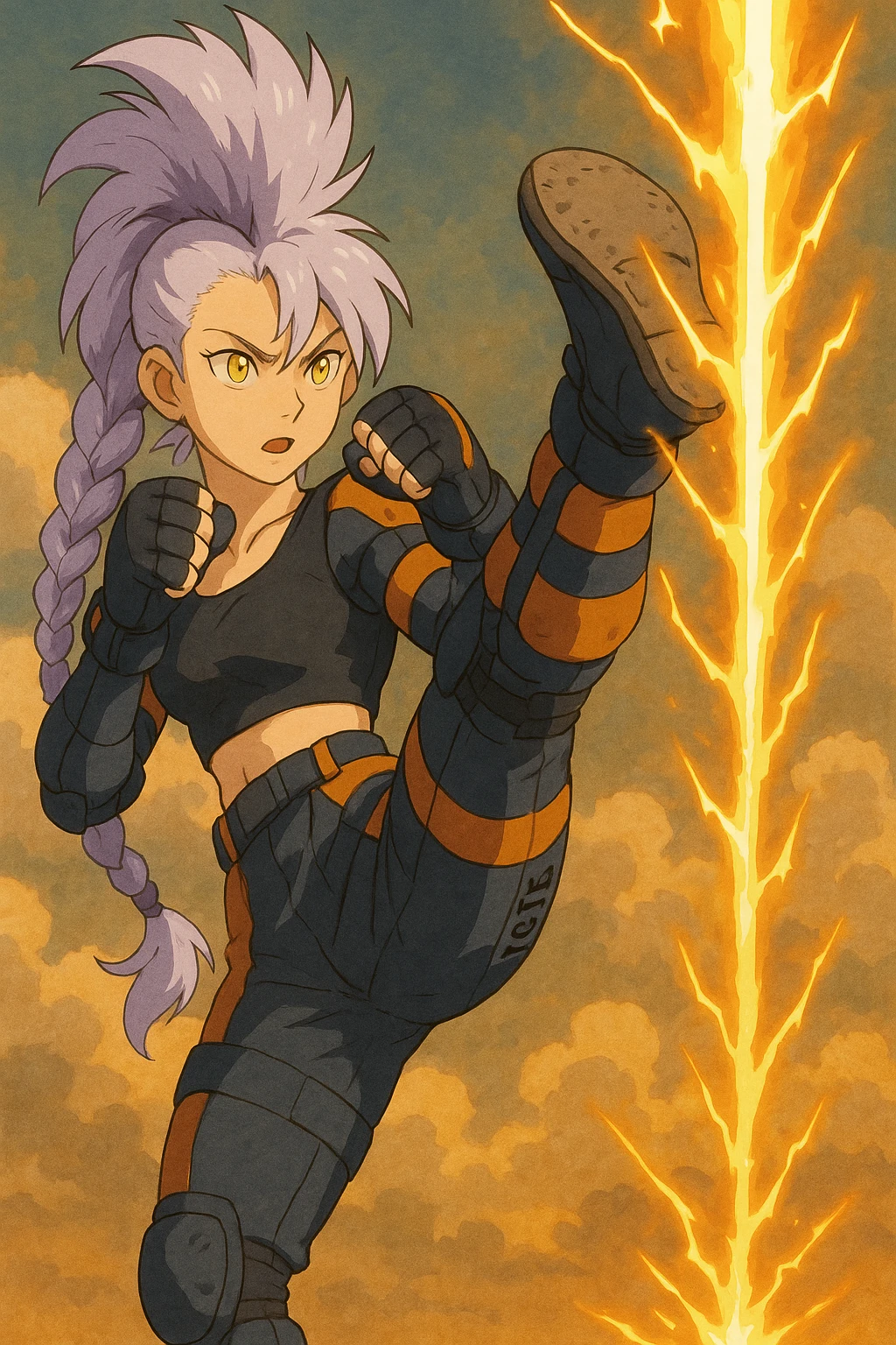 maiden, mohawk, long braid white hair with lavender and tips long messy bangs one side, gold yellow eyes, black crop top, with both fighting gloves up in defensive ready pose, delivering a lightning quick vertical upwards front kick with volcanic force, full defensive padding, TCTF operative, orange and dark dark blue + gray attire emoji