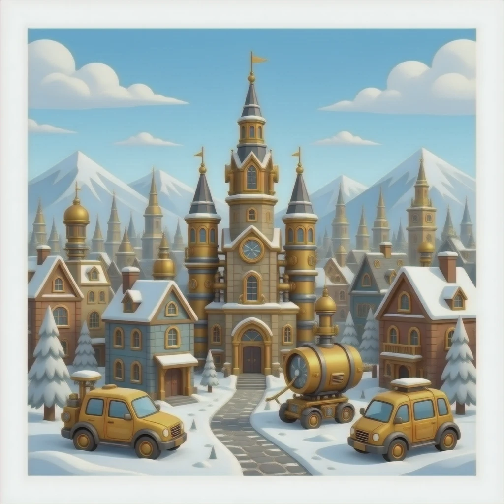 Steampunk stad met heel veel machines levensecht gesitueerd in een sneeuwvalij emoji