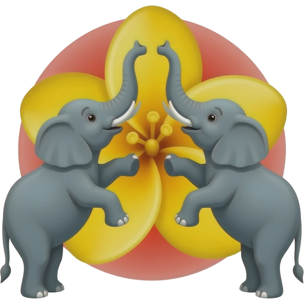 2 ELEPHENT RISING THE 2 LEG AND CENTER MONKEY POD FLOWER IS PLACED BACKGROUND RED YELLOW AND RED emoji