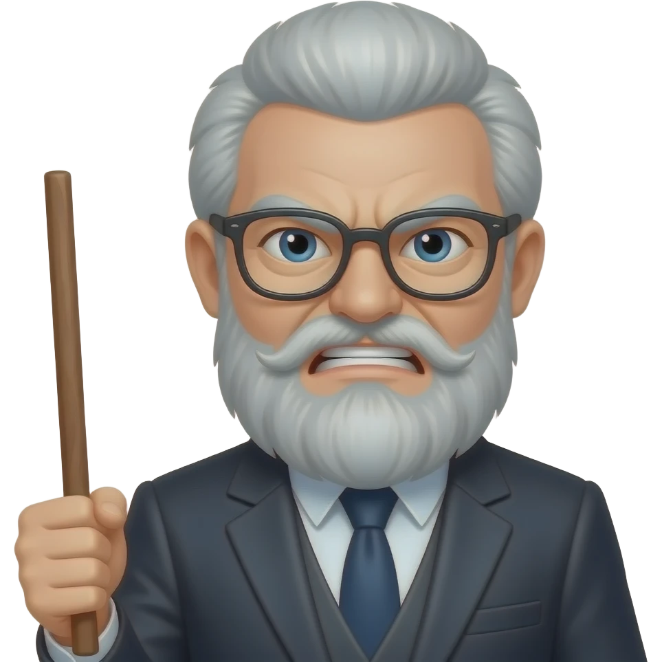 A stern professor, angry, holding a stick, no glasses, no beard emoji