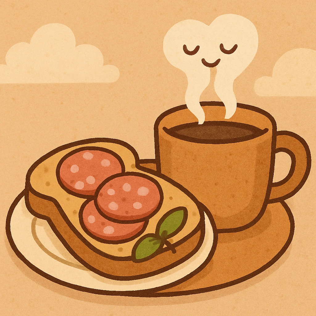 a plate with salami bread and a steaming mug of coffee, cozy morning vibe emoji