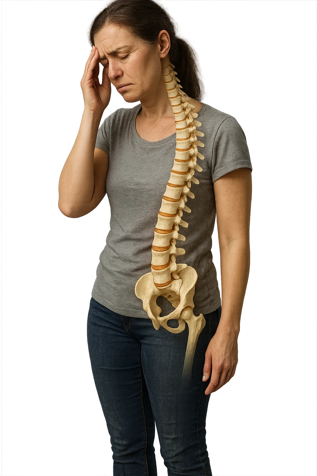 donna stanca a figura intera che si tiene una mano sulla tempia con spina dorsale anatomica visibile, iperrealistico 4k emoji