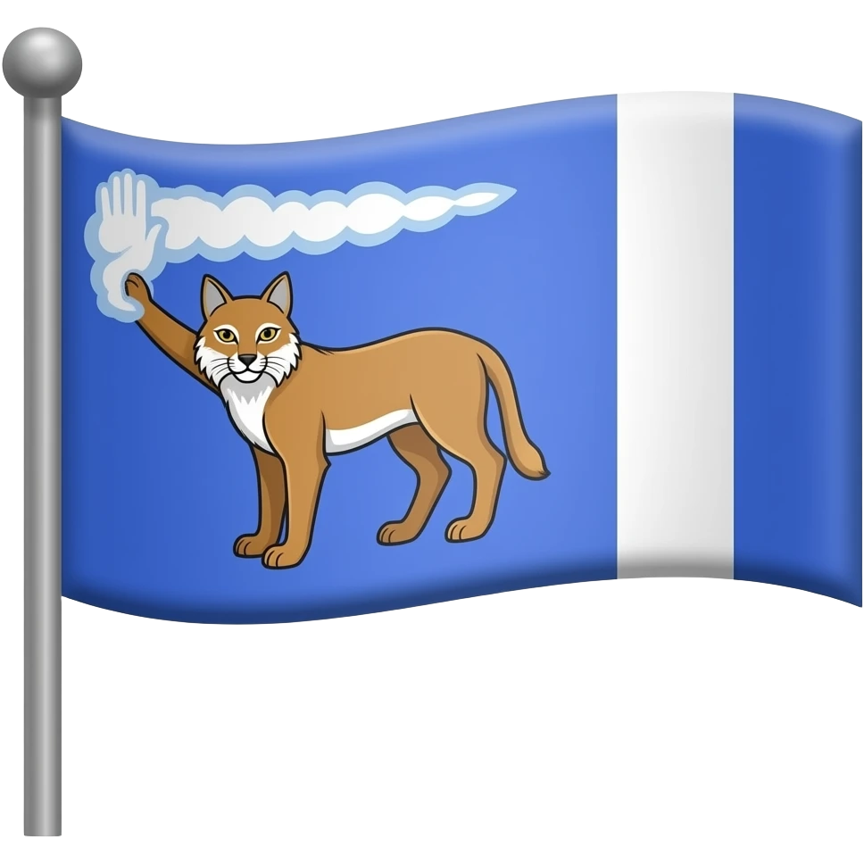 Флаг Пскова. флаг  голубой (лазоревое) с изображением барса, правой длани (руки) из облаков и белой вертикальной полосой у древка emoji