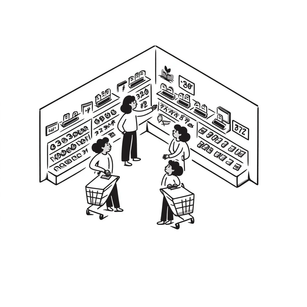Isometric view of a supermarket interior with grocery aisles, shoppers, and cash registers emoji