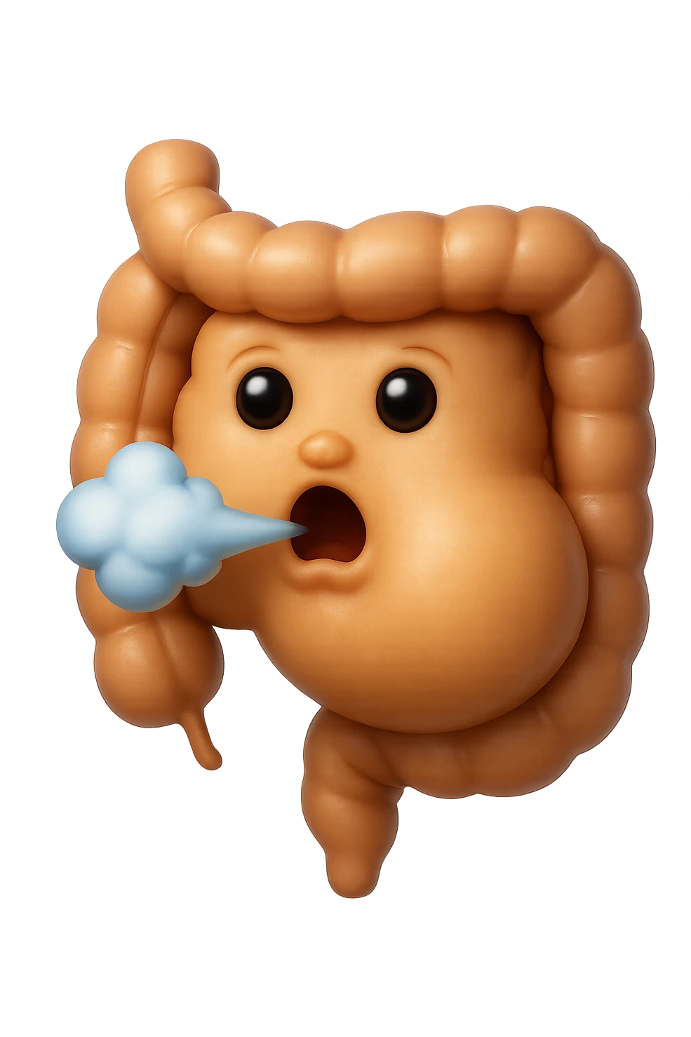 emoji stile iphone di un intestino che ingoia una nuvoletta di aria ben visibile e gli si gonfia la pancia, non fargli il naso, iperrealistico 4k emoji