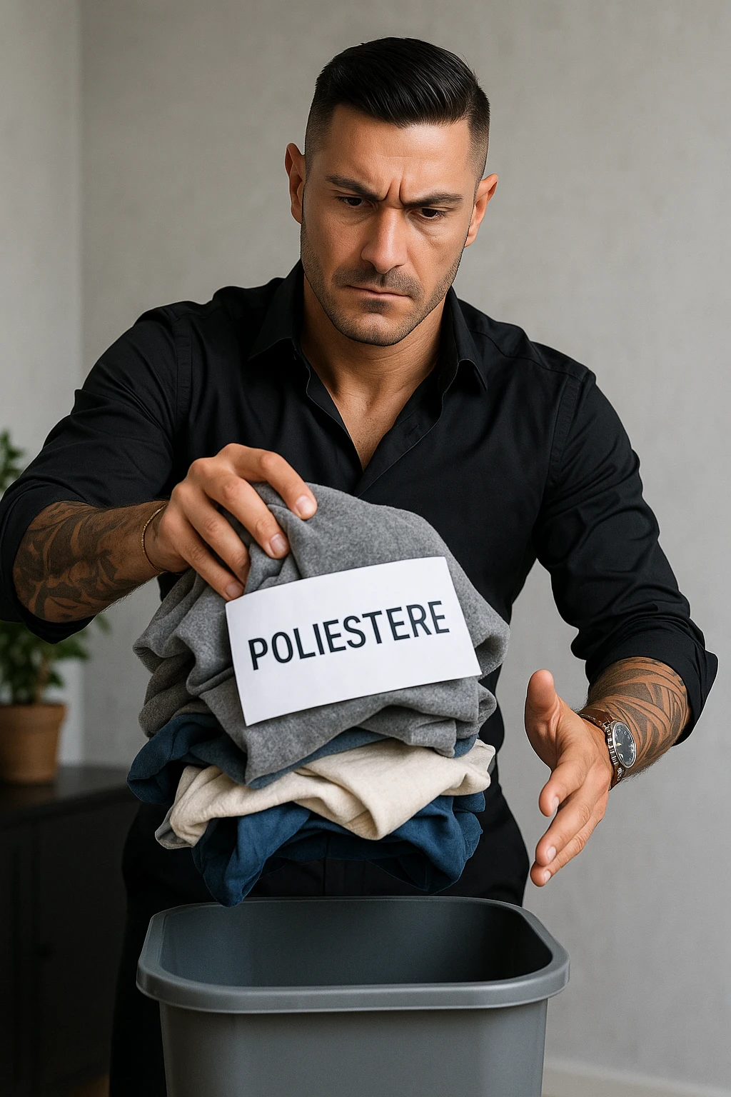 Create a realistic vertical image of a man (like in the reference photo) holding a pile of clothes with "poliestere" labels and throwing them into a container. The man has a determined expression, professional atmosphere, natural details, and aspect ratio 2:3. emoji