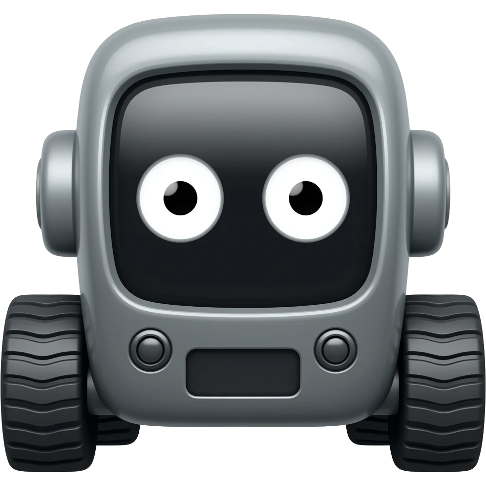 Dark grey solid square with 6 wheels and a display shows a white robot eyes emoji