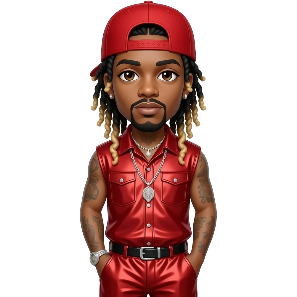 Lil Wayne with dark brown eyes, long black dreads with blonde ombre, red cap, red metallic hip-hop sleeveless shirt, red metallic hip-hop baggy pants, necklace and earrings emoji
