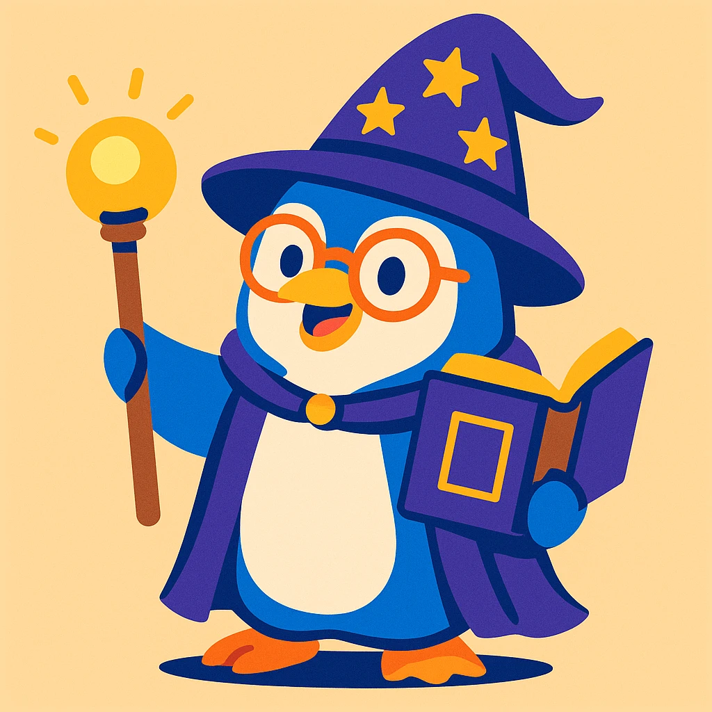 a stylized penguin wizard with glasses, a spellbook, and a glowing staff, in a playful illustration style emoji
