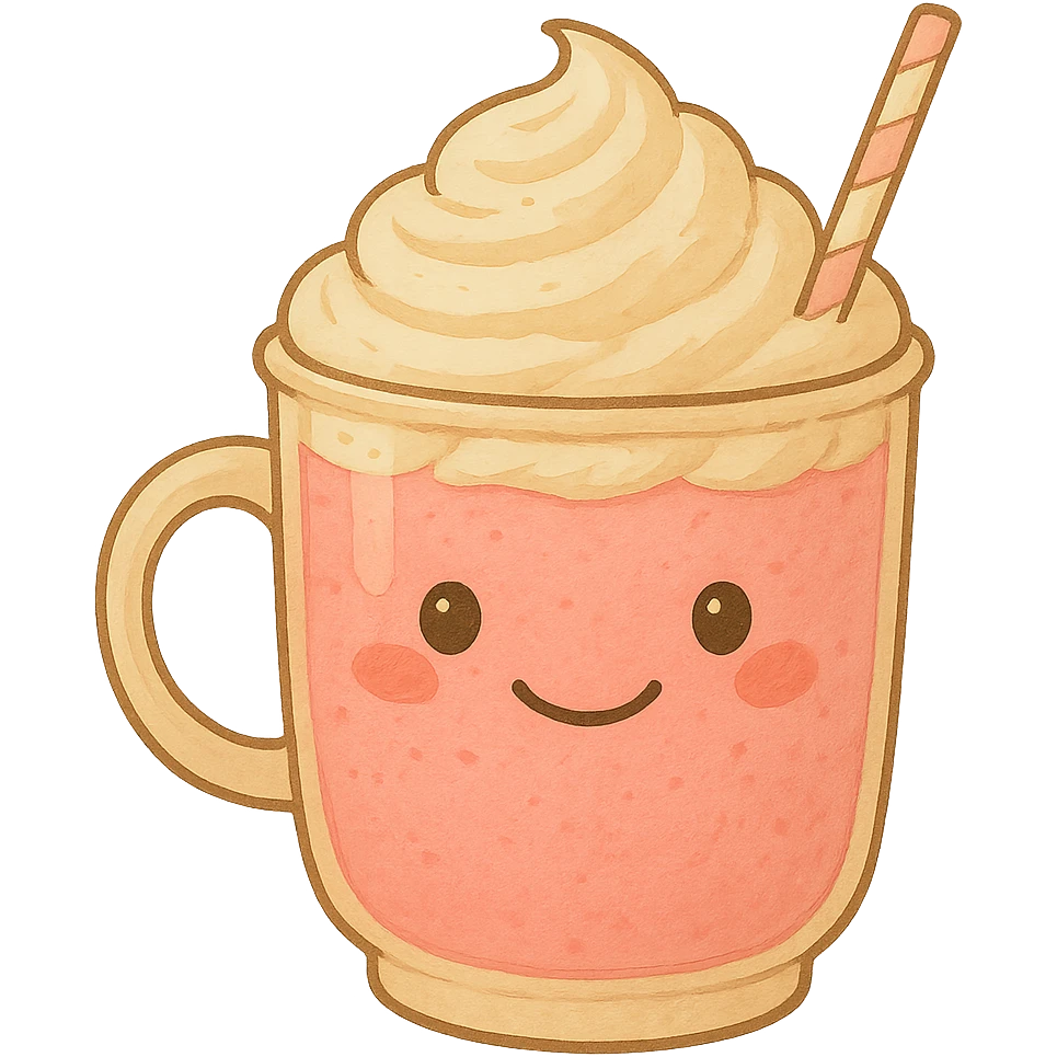 Remove the background, keep the pink mocha with whipped cream and a smiling face, cute and inviting in Ghibli style with no background. emoji