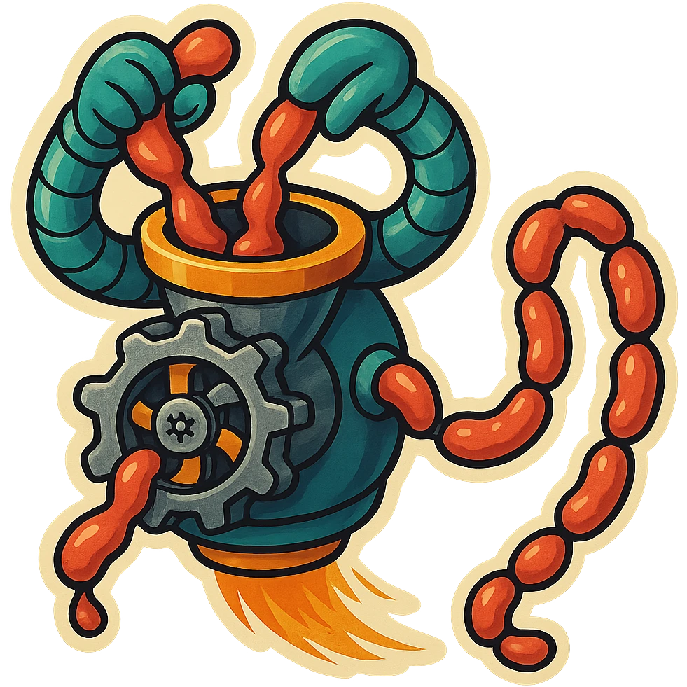  hovering sausage-processing droid in a retro-futuristic style. Its top half is a circular industrial meat grinder with rotating gears and blades. Two robotic arms feed material into the grinder. Sausage links extrude from the rear like a factory line. The body is metallic, compact, and floats above the ground with no legs. Dark humor tone. emoji