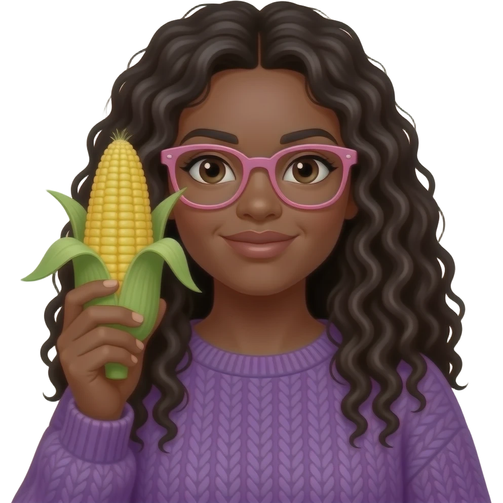 A curvy black light skinned woman with long curly hair with a side part, and pink glasses, wearing a purple sweater and holding an ear of corn in front of her face emoji