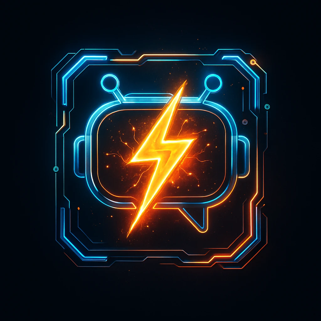 Bold futuristic AI chat icon, lightning and spark fused with glowing core, metallic neon tech lines, symbolizing instant action and intelligence, premium style, dark background, 1:1 aspect ratio, no text emoji