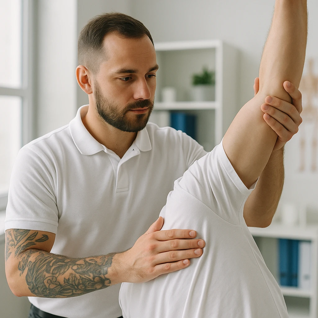 realistic kinesiologist wearing a white shirt with visible tattoos and a dark wristwatch, evaluating joint mobility of a patient wearing a white t-shirt in a clinical environment, realistic details, inspired by reference photo https://attic.sh/r66tucayi7ewfjges2vhulor9bux emoji