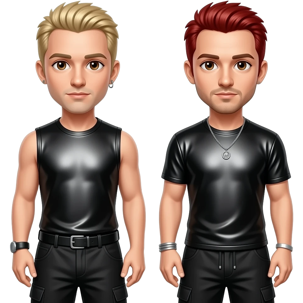 Linkin Park with Chester with brown eyes, blonde hair, black metallic sleeveless shirt and baggy pants, Mike with brown eyes, red hair, black metallic t-shirt and baggy pants, silver necklace emoji