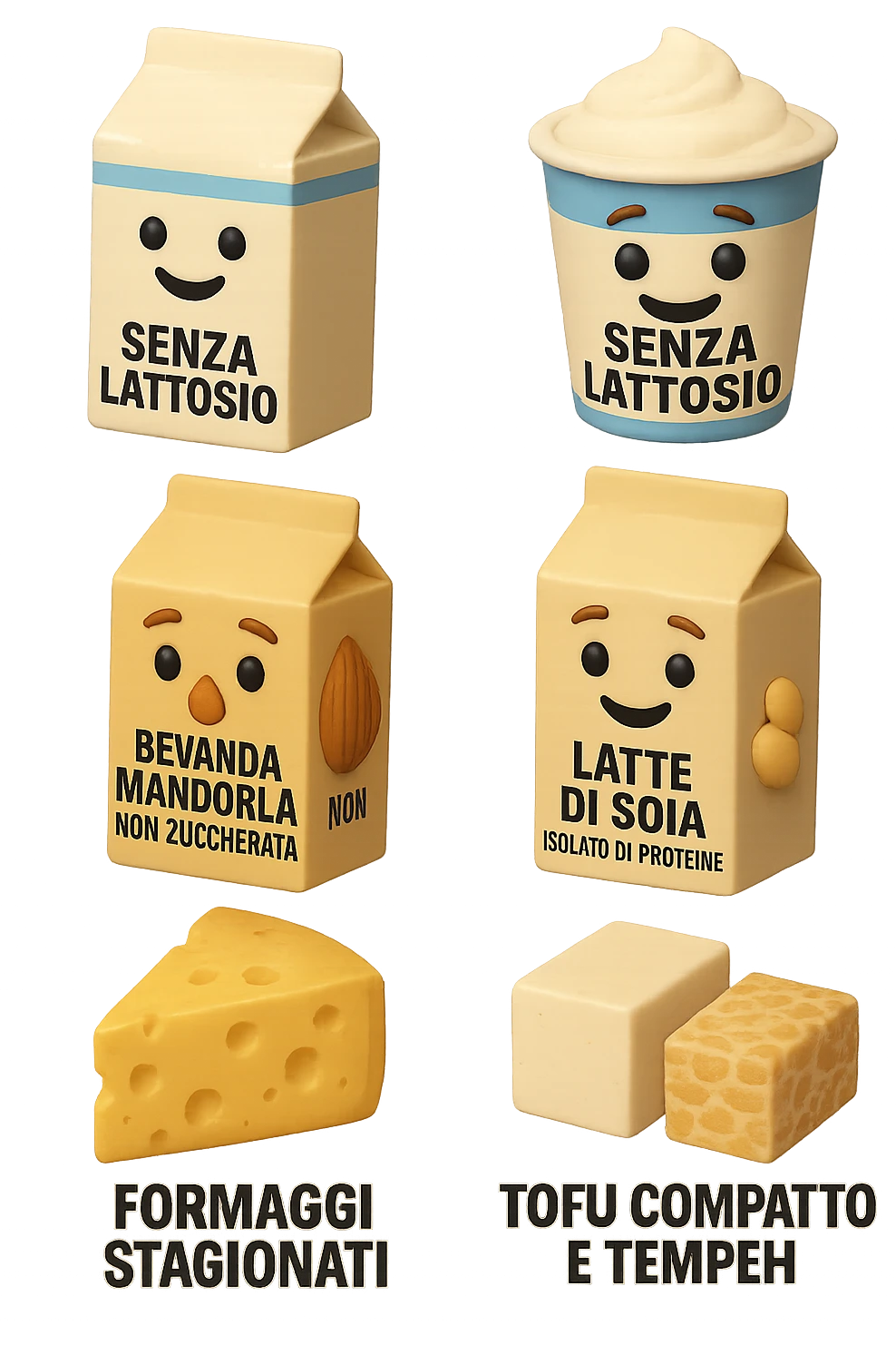 emoji stile iphone 3d di questi elementi che fluttuano in aria:

Latte e yogurt delattosati
Latte di mandorla (non zuccherato)
Latte di soia da proteine isolate
Formaggi stagionati (es. parmigiano)
Tofu compatto e tempeh
 che fluttuano in aria,  le etichette scrivile in italiano, iperealistico 4k emoji