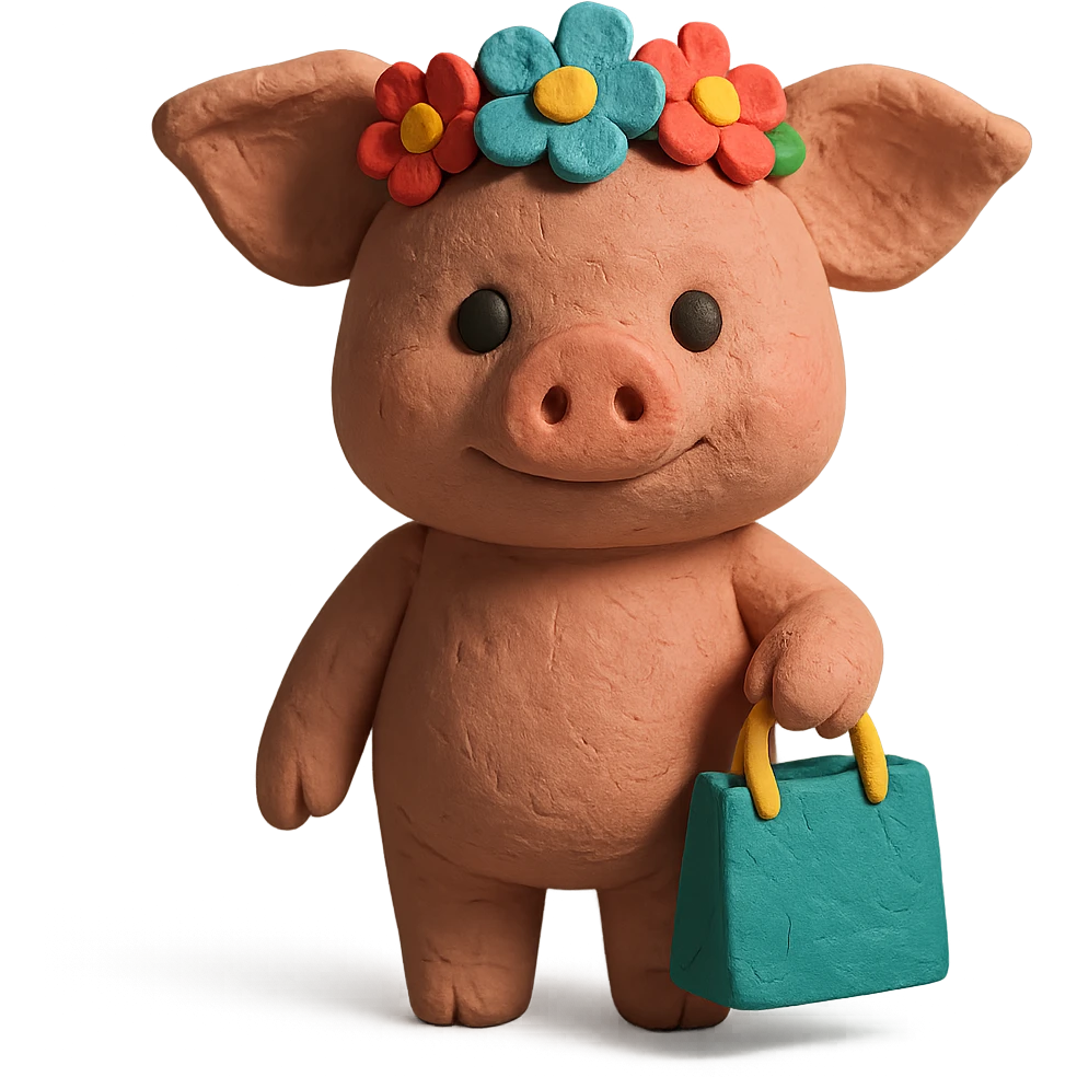 piglet with flower crown and gift bag, claymation style emoji