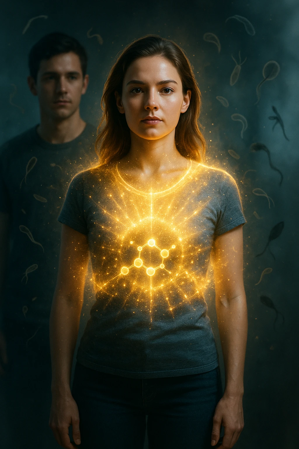 A hyper-realistic, cinematic image showing a young woman with a glowing, radiant aura symbolizing a very strong immune system. She stands confidently, surrounded by a dynamic shield of light particles and molecular energy swirling around her body, especially focused around her abdomen and chest. Against this luminous barrier, faint translucent representations of parasites—small worm-like and protozoan shapes—attempt to approach her but are visibly repelled or disintegrating upon contact with the shield. Nearby, a young man representing her boyfriend is shown with subtle, shadowy parasite silhouettes near him, some reaching toward her but unable to penetrate her immune defenses. The background is softly blurred to keep the focus on the energetic battle at the forefront, with cool blues and warm golds contrasting to symbolize health, vitality, and defense. The lighting is dramatic yet hopeful, with a cinematic 35mm film style emphasizing sharp detail on her determined face and the swirling protective energy. The overall tone conveys resilience, protection, and the unseen battle inside the body. emoji