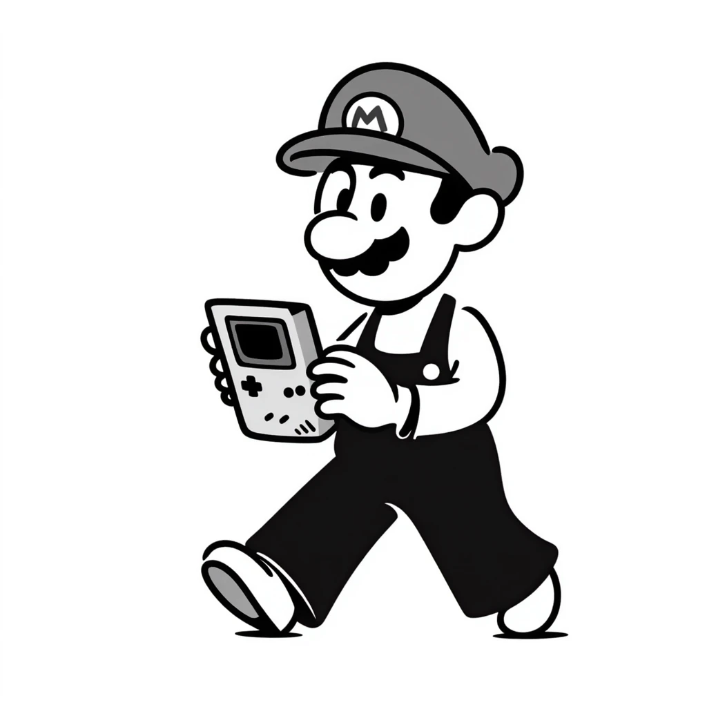 Super Mario playing a Game Boy, hand drawn doodle style emoji