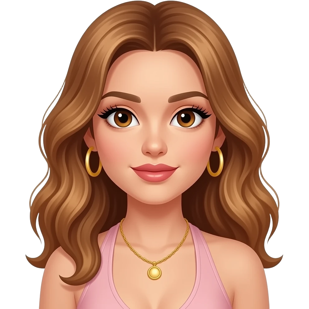 white, very beautiful woman, with big plump lips, long long lashes, honey wavy long hair, brown eyes, light pink halter top, gold necklace, gold hoop earrings emoji