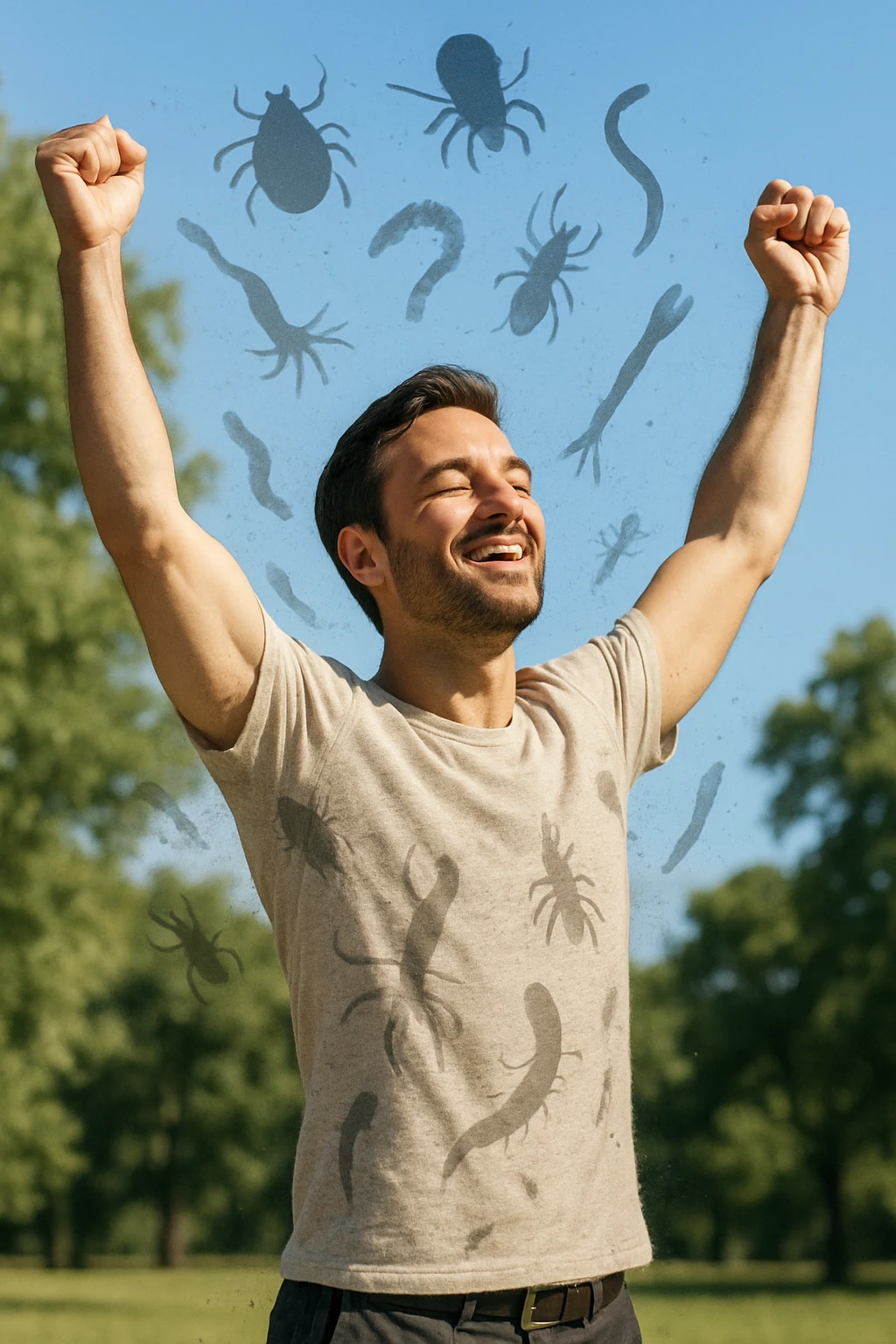 a man stands outdoors in bright sunlight, arms raised in relief and joy, while faint, shadowy silhouettes of parasites fall away from his body and dissolve into the air. His posture is upright and energetic, his expression serene and healthy. The background features green trees and a clear sky, emphasizing liberation and restored well-being. emoji