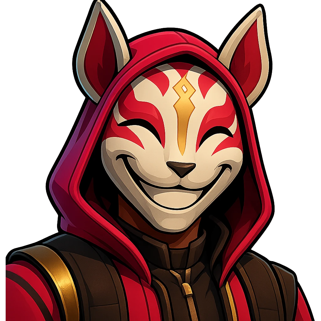 Make the Fortnite Drift skin look happy with a smiling fox mask and bright, happy eyes, keeping the stylized look, transparent background. emoji
