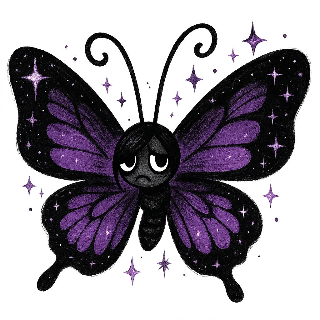 emo butterfly with sparkles, black and purple, expressive and stylish, no background emoji
